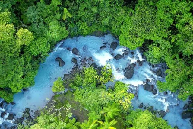 Aerial view of the turquoise waters of Rio Celeste and the lush rainforest