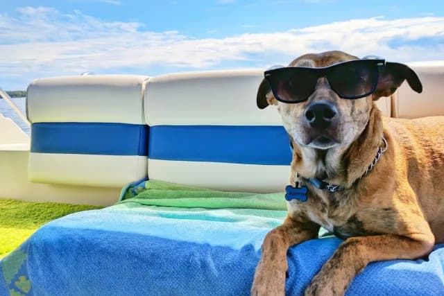 Dog with sunglasses resting on poolside chair
